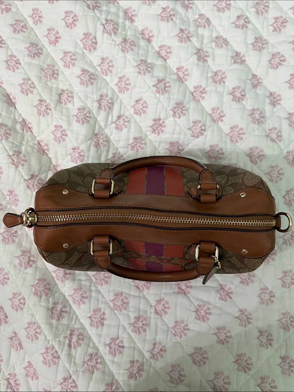 Coach Brown Signature Purse with Red & Pink Center Stripes - Picture 6 of 8